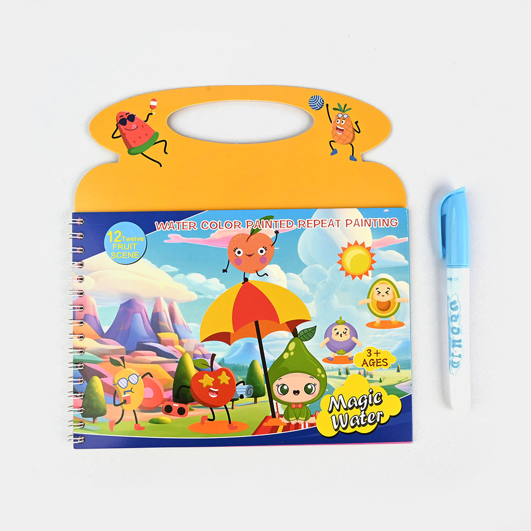 Children's coloring book with cartoon characters and a pen on a white background
